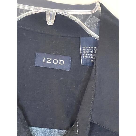 Vintage IZOD Hawaiian Shirt Mens Medium Black Rayon Leaves Beach Cruise EUC - Picture 3 of 7